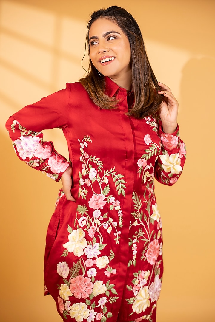 Crimson Red Crepe Silk Parsi Gara Embroidered Kurta Set by Ashtar at Pernia's Pop Up Shop
