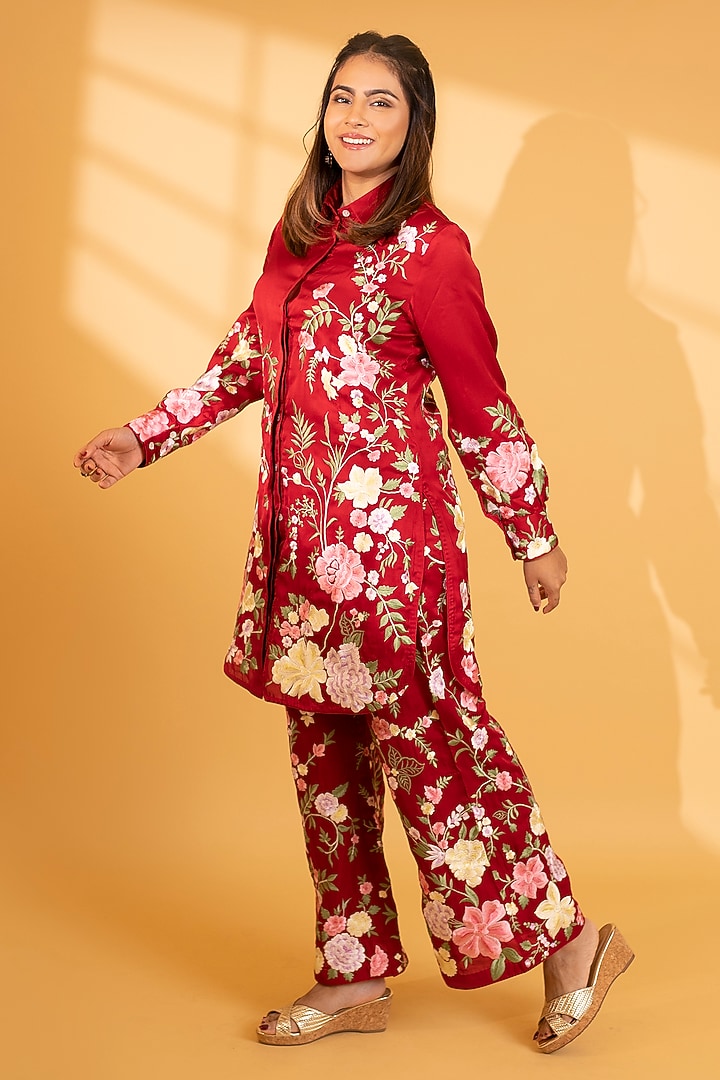 Crimson Red Crepe Silk Parsi Gara Embroidered Kurta Set by Ashtar at Pernia's Pop Up Shop