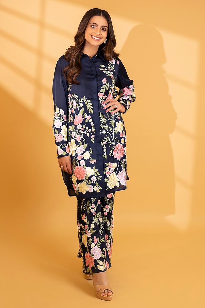 Midnight Blue Crepe Silk Parsi Gara Embroidered Kurta Set by Ashtar at Pernia's Pop Up Shop