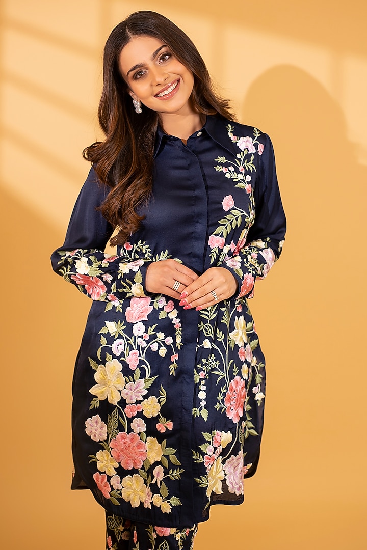 Midnight Blue Crepe Silk Parsi Gara Embroidered Kurta Set by Ashtar at Pernia's Pop Up Shop