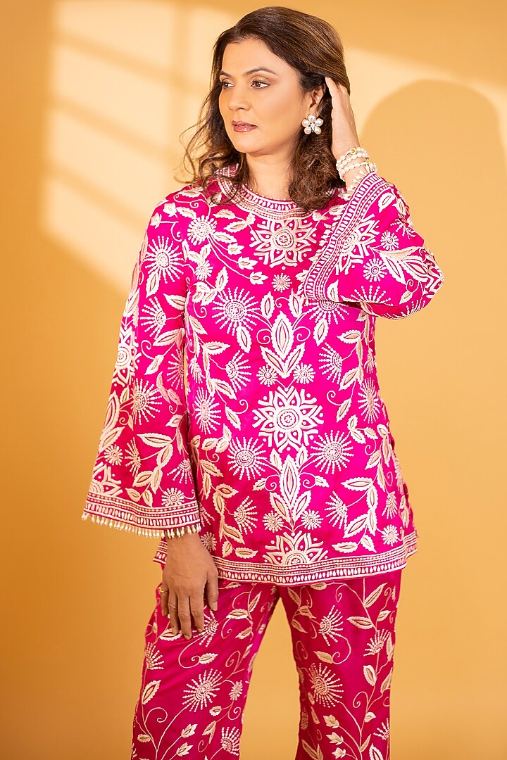 Amaranth Dupion Silk Pearl Embroidered Co-Ord Set by Ashtar at Pernia's Pop Up Shop