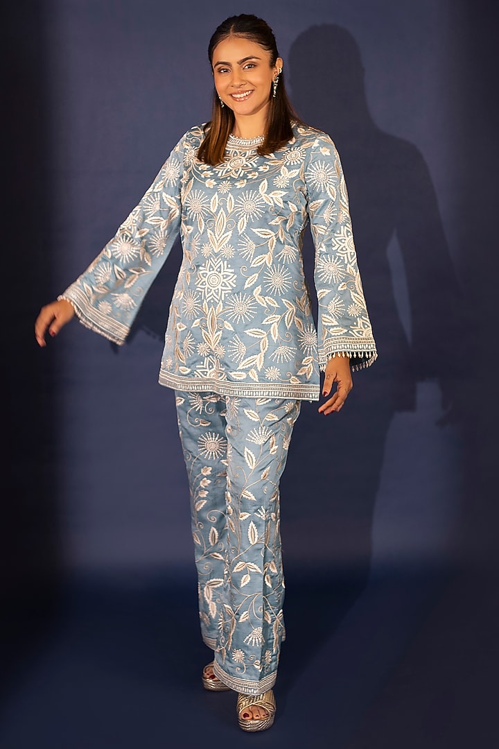 Sky Blue Dupion Silk Pearl Embroidered Co-Ord Set by Ashtar at Pernia's Pop Up Shop