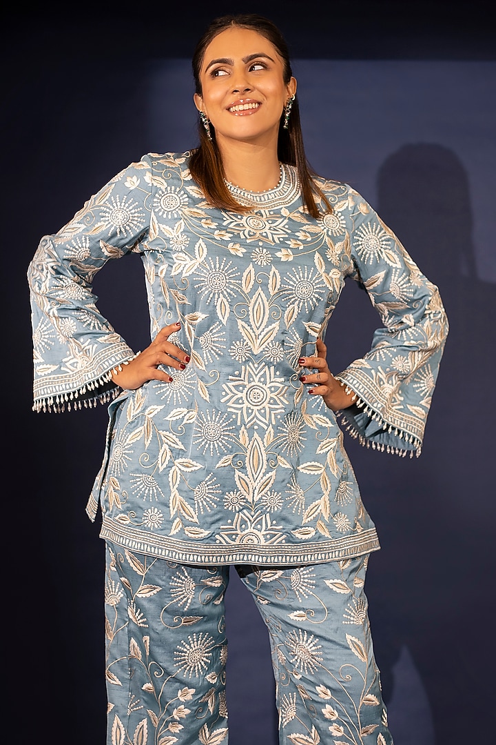 Sky Blue Dupion Silk Pearl Embroidered Co-Ord Set by Ashtar at Pernia's Pop Up Shop