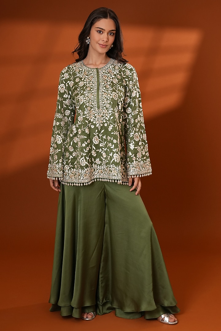 Khaki Green Pure Silk Wedding Sharara Set by Ashtar at Pernia's Pop Up Shop