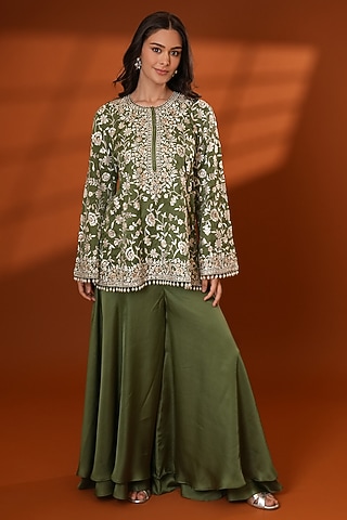 Khaki Green Pure Silk Sharara Set by Ashtar