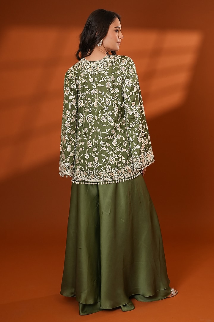 Khaki Green Pure Silk Wedding Sharara Set by Ashtar at Pernia's Pop Up Shop