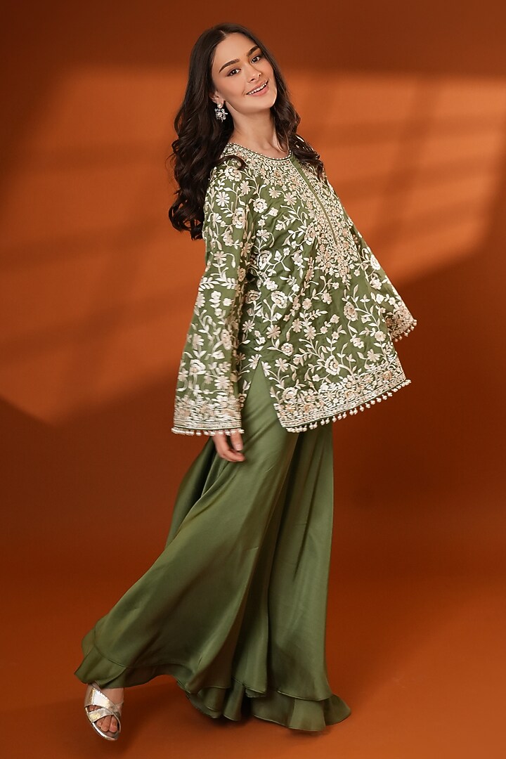 Khaki Green Pure Silk Wedding Sharara Set by Ashtar at Pernia's Pop Up Shop