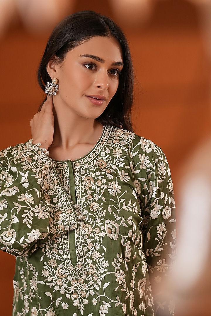 Khaki Green Pure Silk Wedding Sharara Set by Ashtar at Pernia's Pop Up Shop