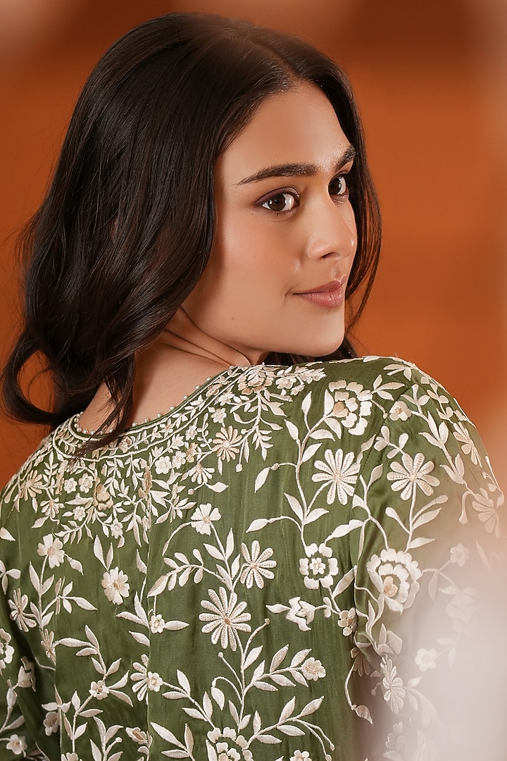 Khaki Green Pure Silk Wedding Sharara Set by Ashtar at Pernia's Pop Up Shop