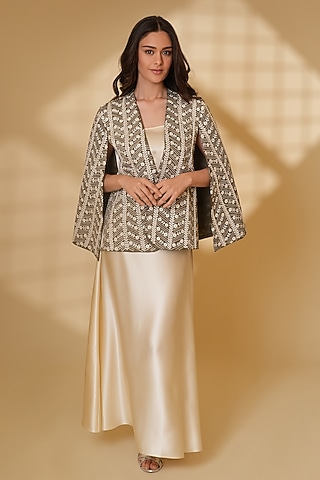 Grey Pure Silk Pearl Hand Embroidered Cape by Ashtar