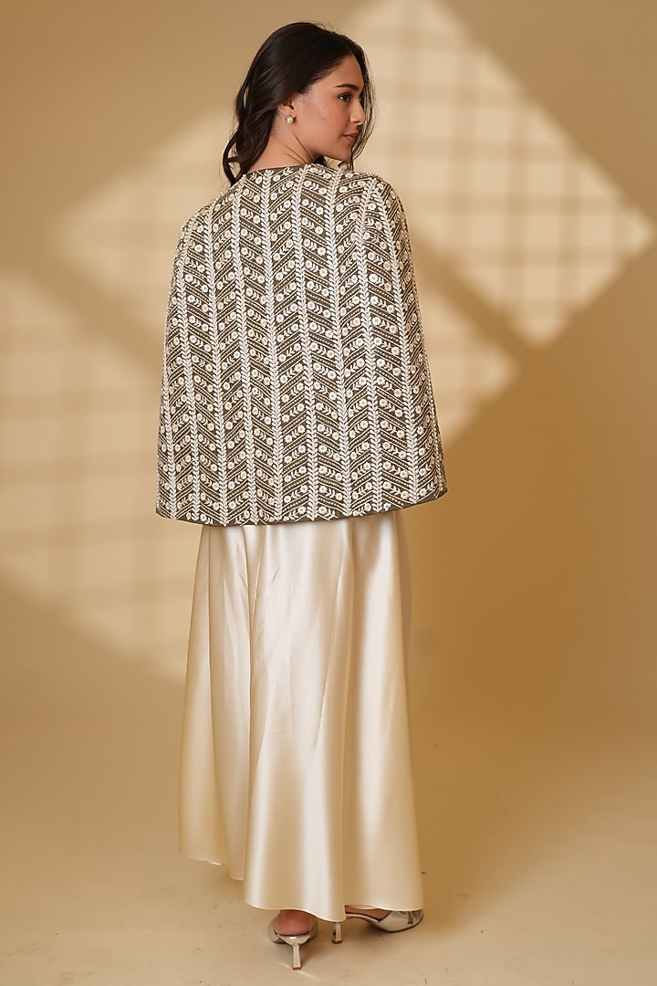 Grey Pure Silk Pearl Hand Embroidered Cape by Ashtar at Pernia's Pop Up Shop