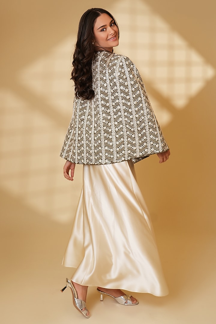 Grey Pure Silk Pearl Hand Embroidered Cape by Ashtar at Pernia's Pop Up Shop