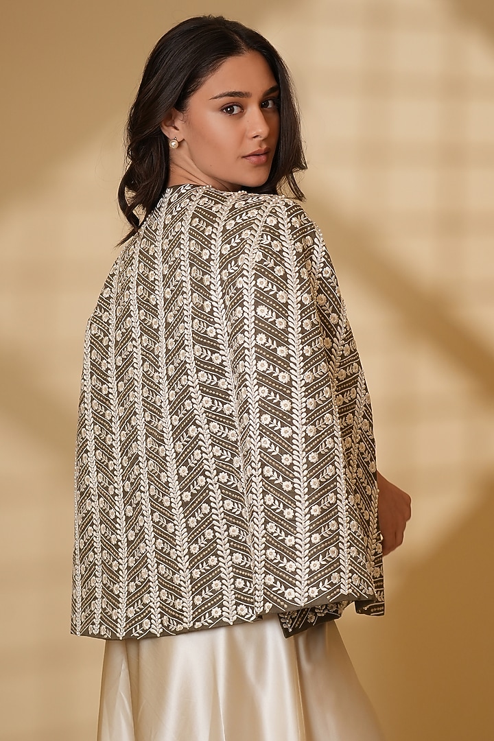 Grey Pure Silk Pearl Hand Embroidered Cape by Ashtar at Pernia's Pop Up Shop
