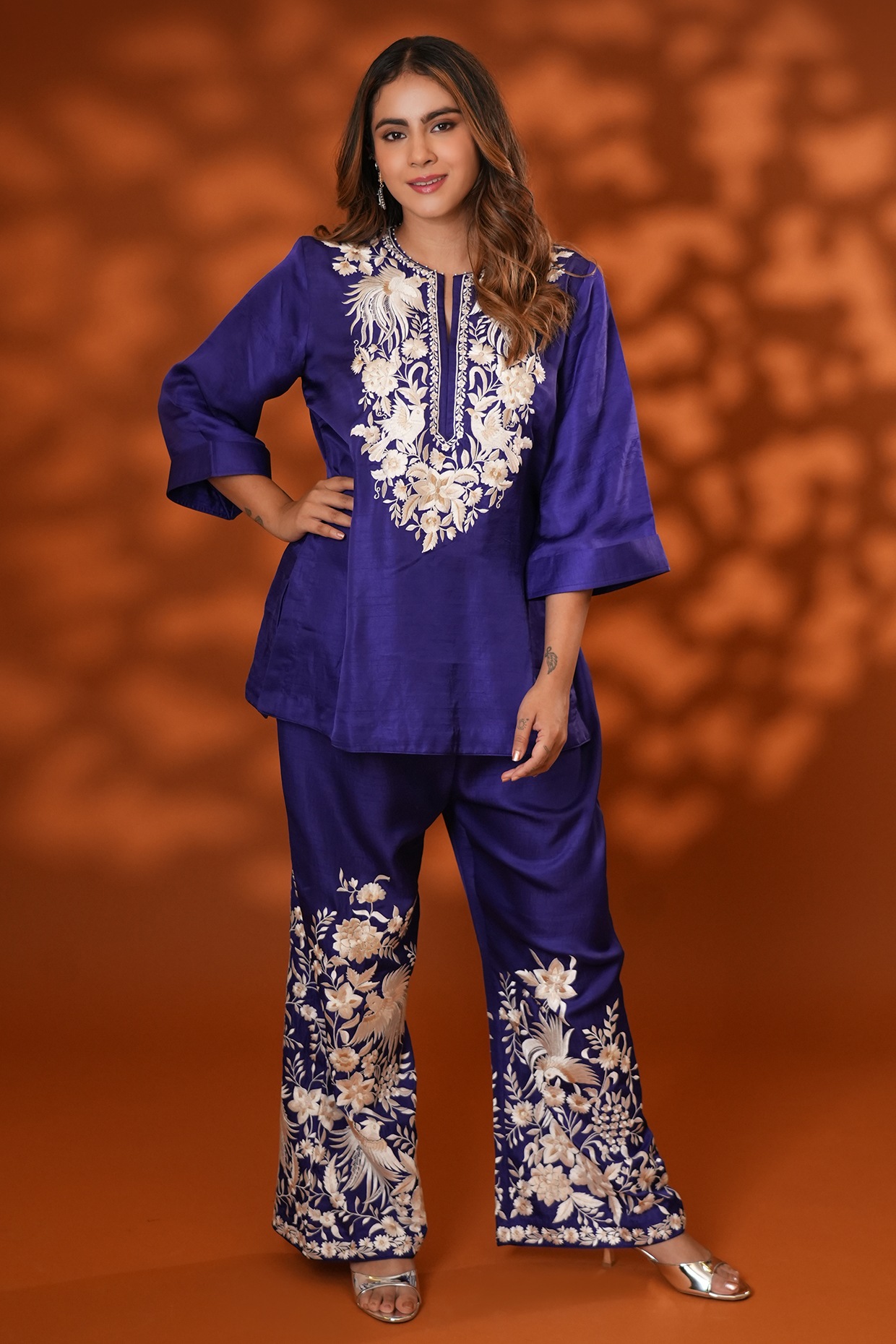 Ashtar Purple Pure Silk Parsi Gara Embroidered Kurta Set