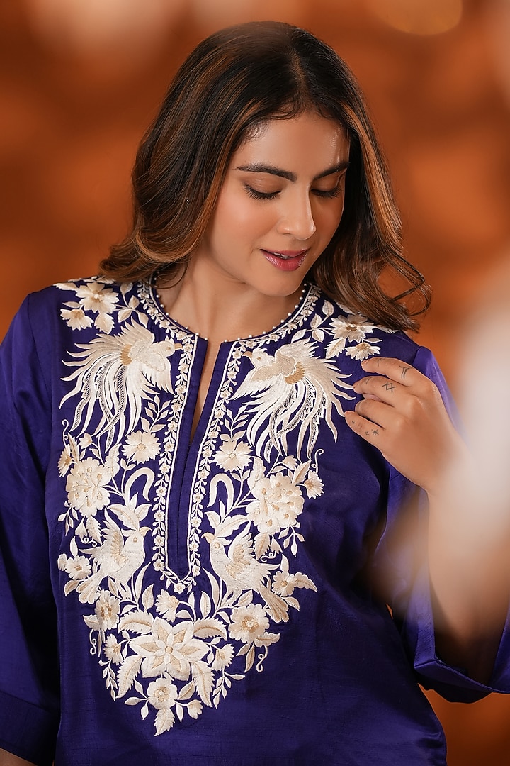 Purple Pure Silk Parsi Gara Embroidered Kurta Set by Ashtar at Pernia's Pop Up Shop