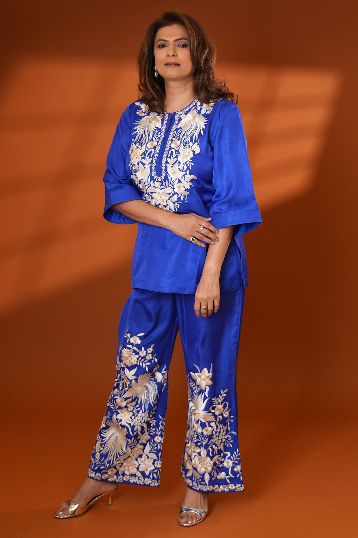Ashtar Indigo Pure Silk Parsi Gara Embroidered Kurta Set