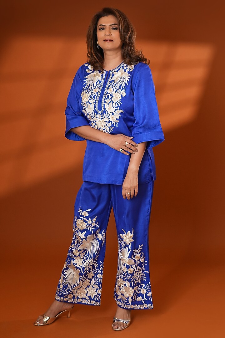 Indigo Pure Silk Parsi Gara Embroidered Kurta Set by Ashtar at Pernia's Pop Up Shop