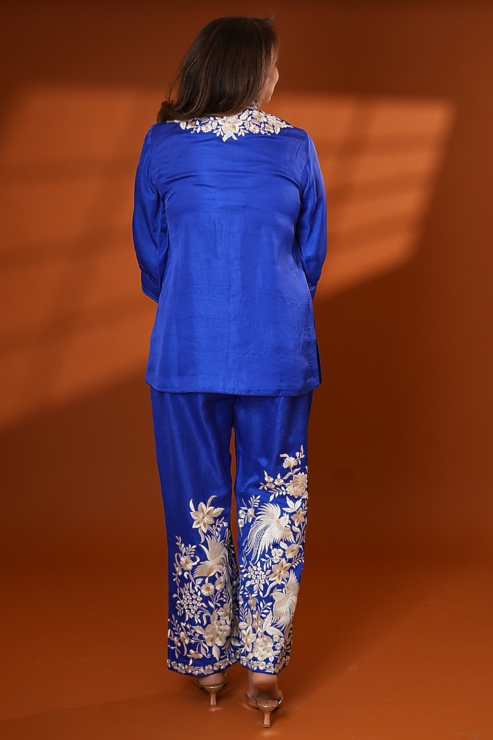 Indigo Pure Silk Parsi Gara Embroidered Kurta Set by Ashtar at Pernia's Pop Up Shop