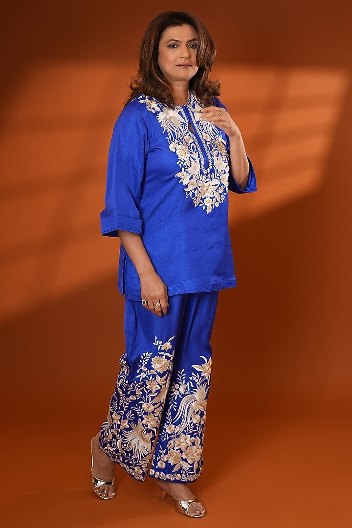 Indigo Pure Silk Parsi Gara Embroidered Kurta Set by Ashtar at Pernia's Pop Up Shop