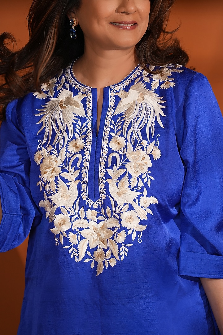 Indigo Pure Silk Parsi Gara Embroidered Kurta Set by Ashtar at Pernia's Pop Up Shop
