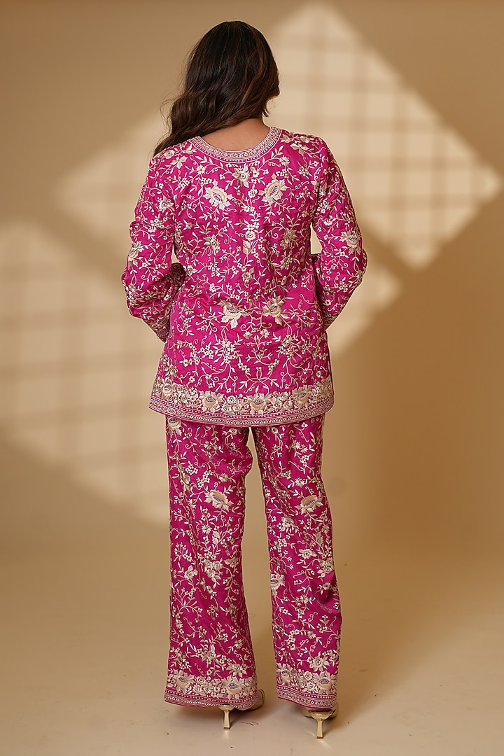 Rani Pink Pure Silk Kundan Hand Embroidered Kurta Set by Ashtar at Pernia's Pop Up Shop