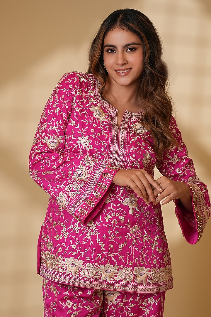 Rani Pink Pure Silk Kundan Hand Embroidered Kurta Set by Ashtar at Pernia's Pop Up Shop