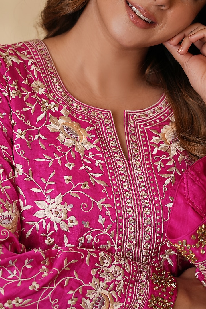Rani Pink Pure Silk Kundan Hand Embroidered Kurta Set by Ashtar at Pernia's Pop Up Shop