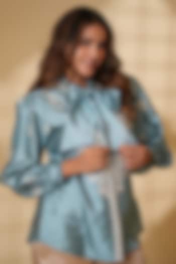 Powder Blue Pure Silk Parsi Gara Embroidered Top by Ashtar at Pernia's Pop Up Shop