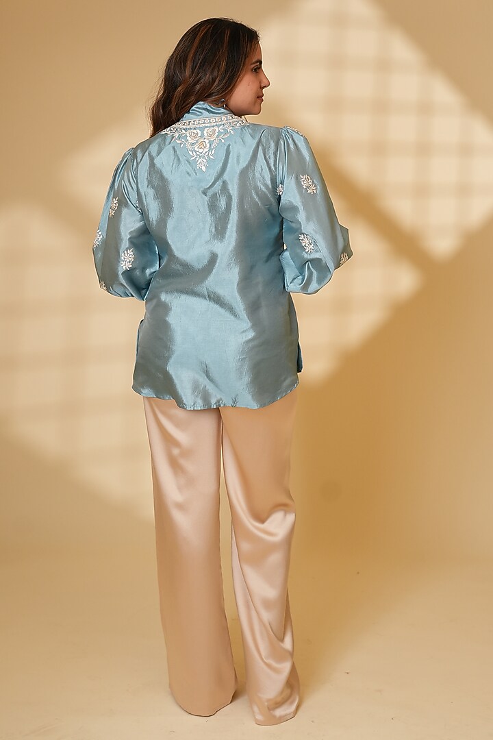 Powder Blue Pure Silk Parsi Gara Embroidered Top by Ashtar at Pernia's Pop Up Shop