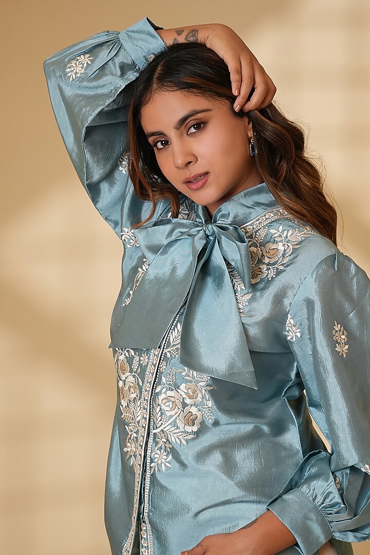 Powder Blue Pure Silk Parsi Gara Embroidered Top by Ashtar at Pernia's Pop Up Shop