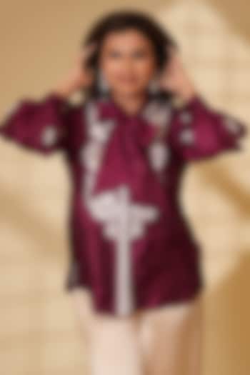 Wine Pure Silk Parsi Gara Embroidered Top by Ashtar at Pernia's Pop Up Shop
