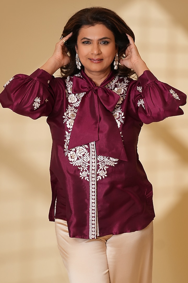 Wine Pure Silk Parsi Gara Embroidered Top by Ashtar at Pernia's Pop Up Shop