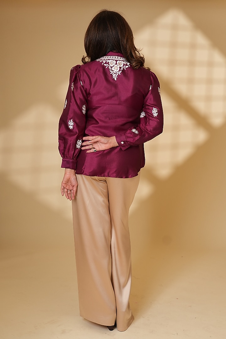 Wine Pure Silk Parsi Gara Embroidered Top by Ashtar at Pernia's Pop Up Shop
