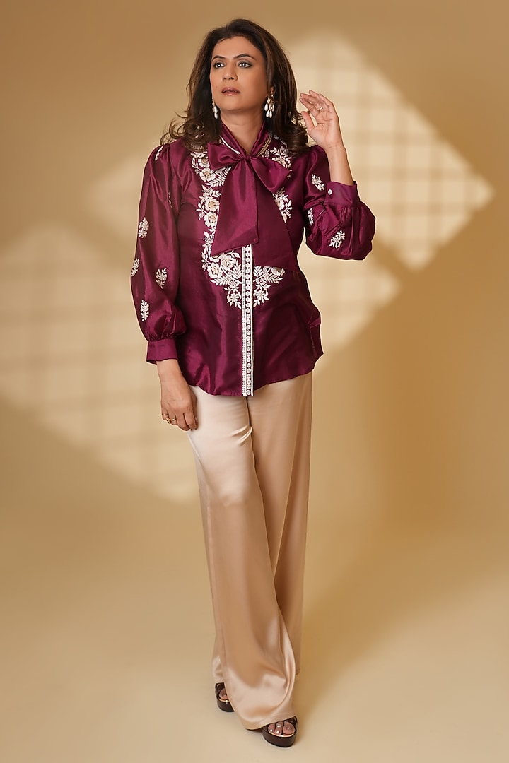Wine Pure Silk Parsi Gara Embroidered Top by Ashtar at Pernia's Pop Up Shop