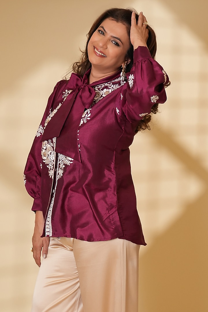 Wine Pure Silk Parsi Gara Embroidered Top by Ashtar at Pernia's Pop Up Shop