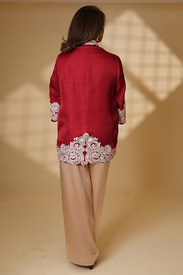 Rouge-Colored Pure Silk Floral Embroidered Cape by Ashtar at Pernia's Pop Up Shop