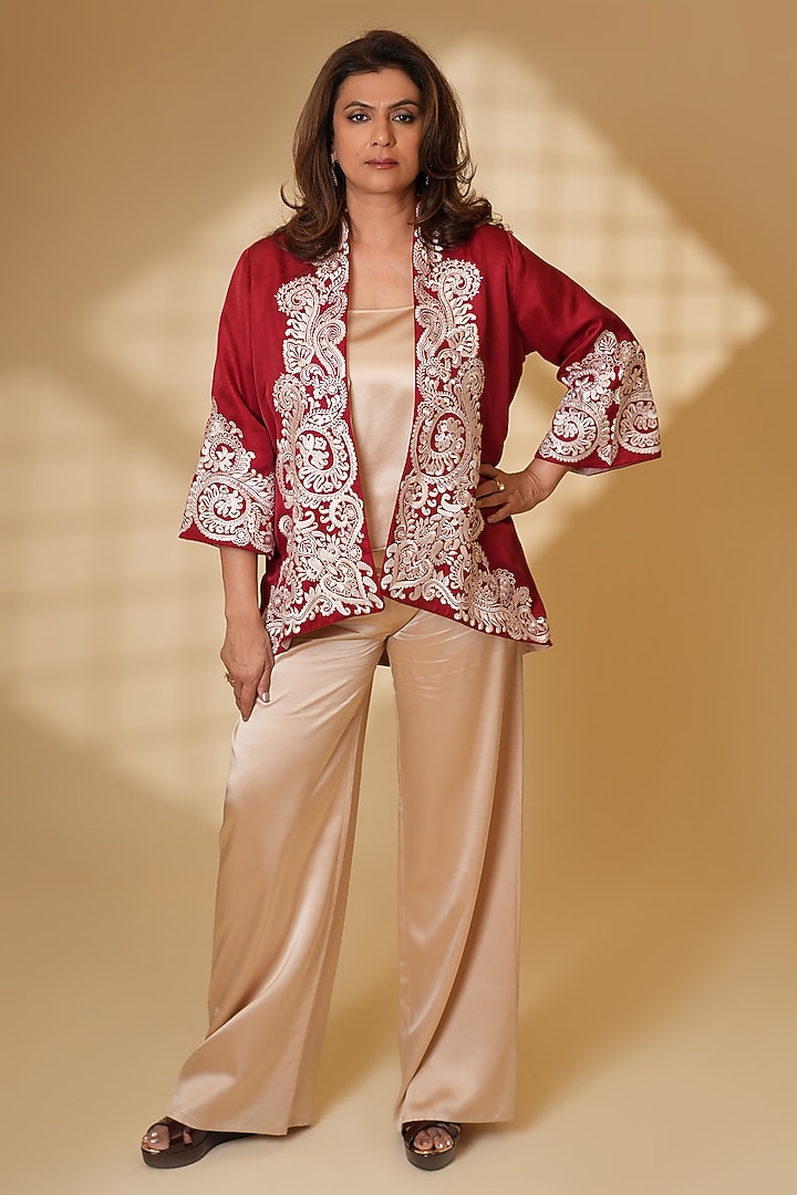 Rouge-Colored Pure Silk Floral Embroidered Cape by Ashtar at Pernia's Pop Up Shop