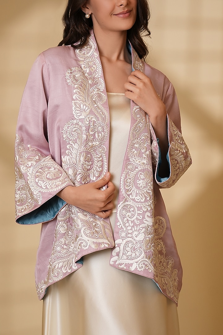 Blush Pink Pure Silk Floral Embroidered Cape by Ashtar at Pernia's Pop Up Shop