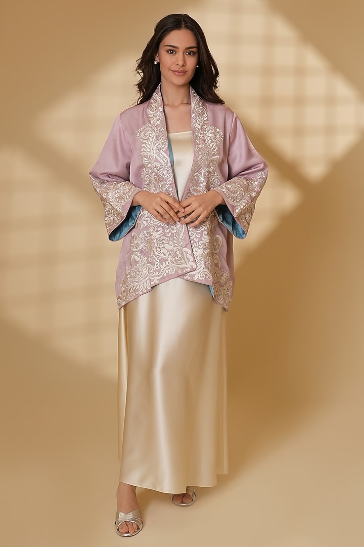 Blush Pink Pure Silk Floral Embroidered Cape by Ashtar at Pernia's Pop Up Shop