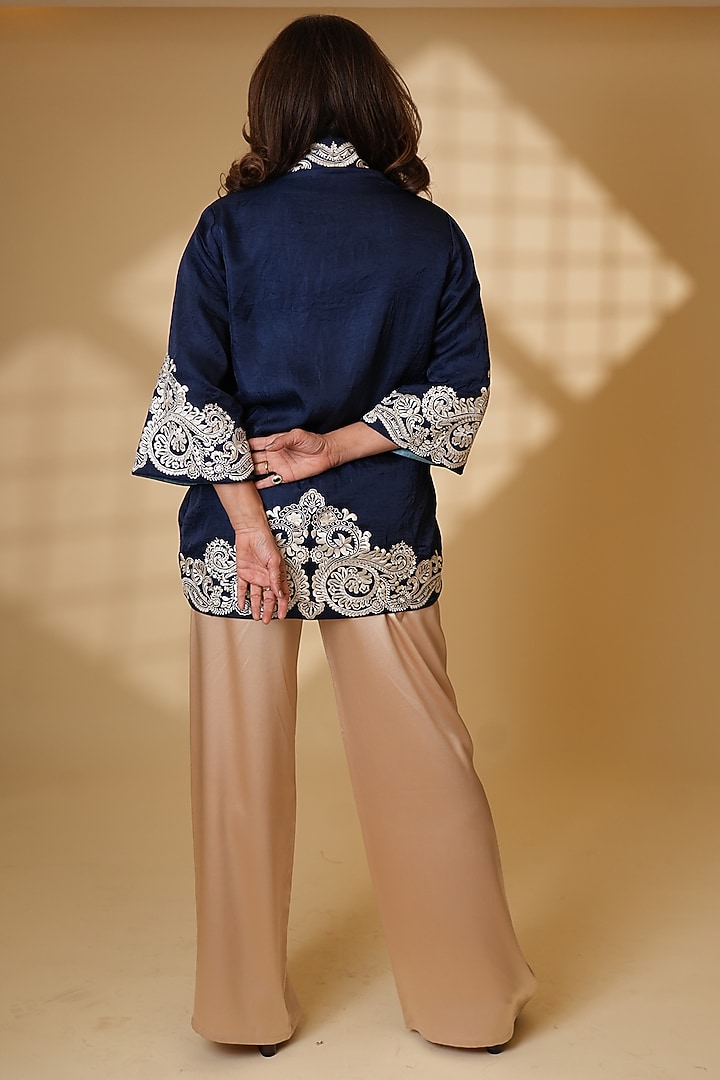 Midnight Blue Pure Silk Floral Embroidered Cape by Ashtar at Pernia's Pop Up Shop