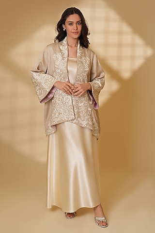 Beige Pure Silk Floral Embroidered Cape by Ashtar