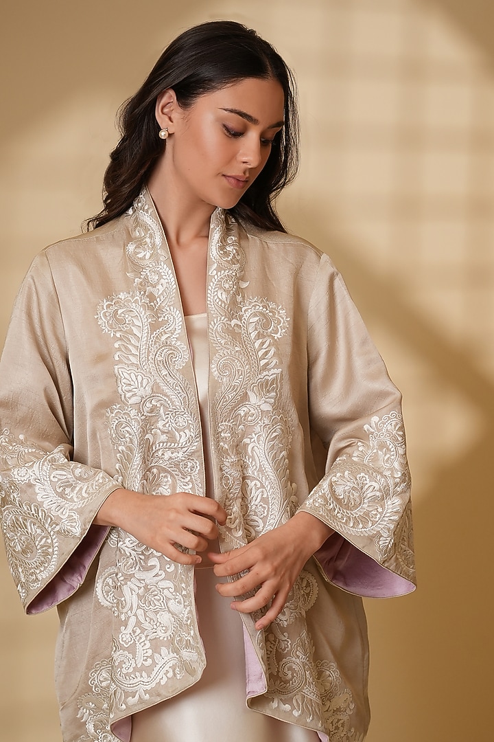Beige Pure Silk Floral Embroidered Cape by Ashtar at Pernia's Pop Up Shop