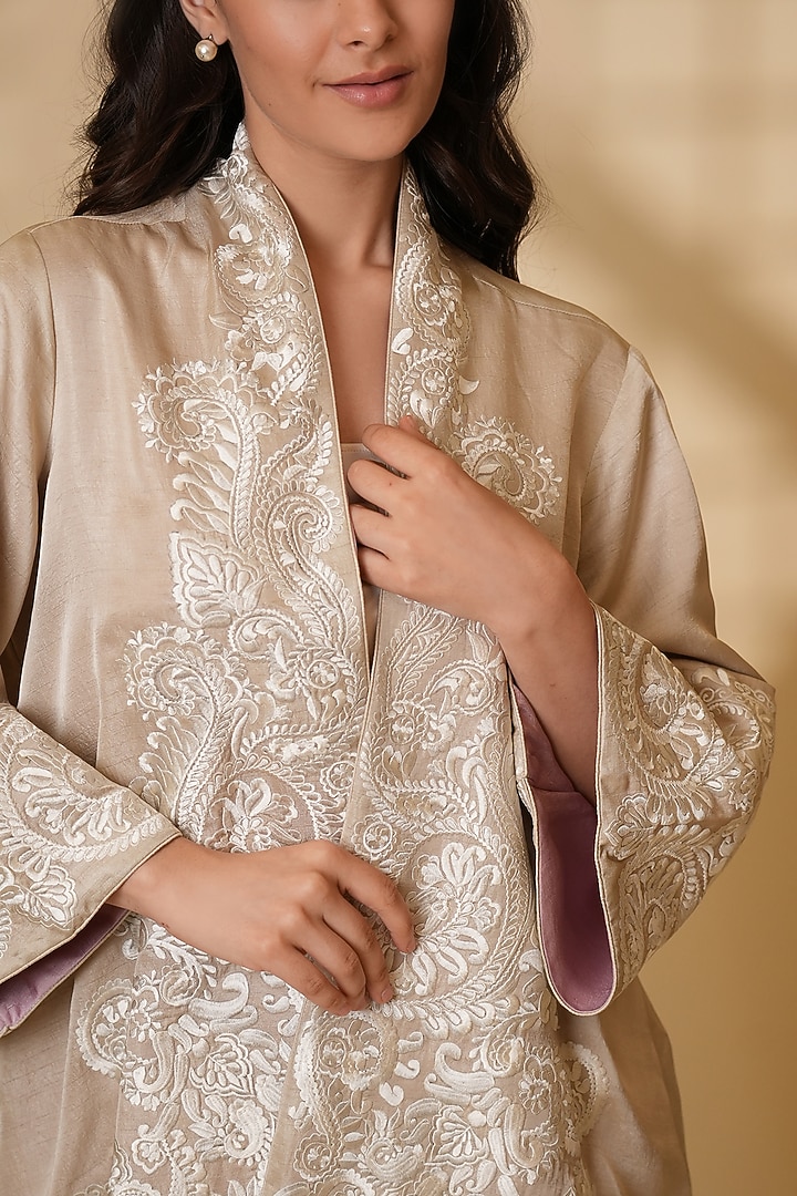 Beige Pure Silk Floral Embroidered Cape by Ashtar at Pernia's Pop Up Shop