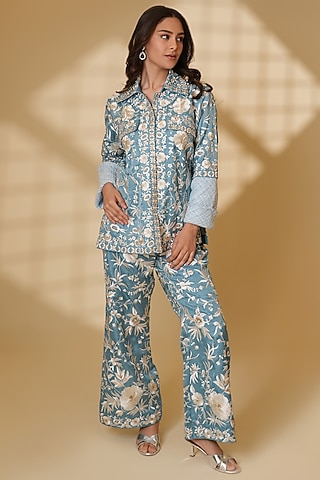 Malabar Blue Pure Silk Co-Ord Set by Ashtar