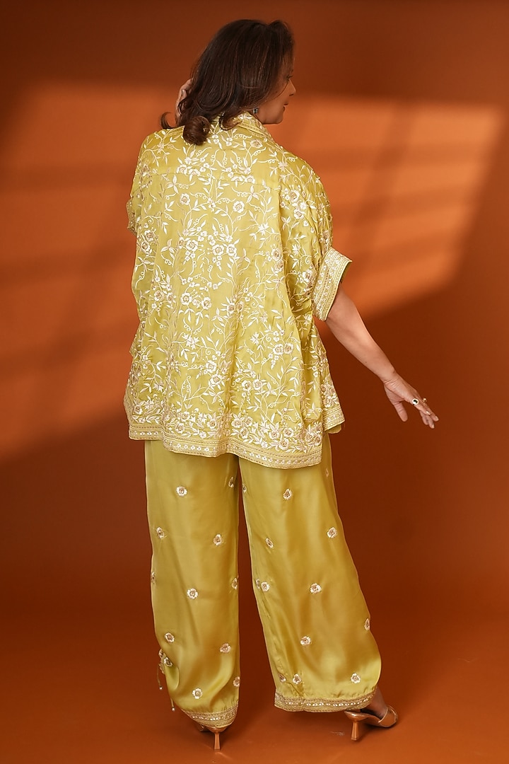 Green Pure Silk Embroidered Co-Ord Set by Ashtar at Pernia's Pop Up Shop