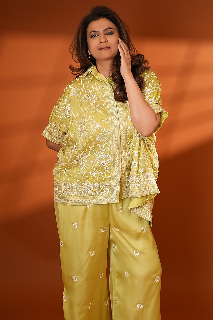 Green Pure Silk Embroidered Co-Ord Set by Ashtar at Pernia's Pop Up Shop