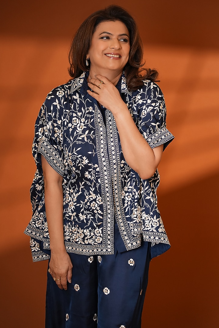 Mysore Blue Pure Silk Embroidered Co-Ord Set by Ashtar at Pernia's Pop Up Shop