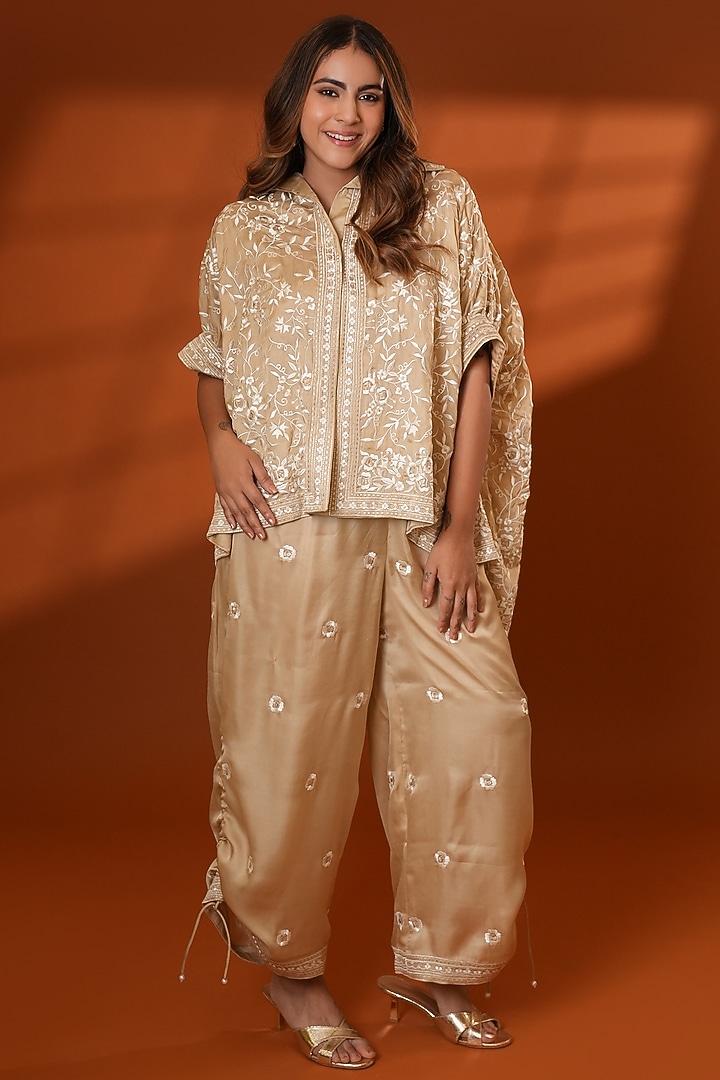 Beige Pure Silk Embroidered Co-Ord Set by Ashtar at Pernia's Pop Up Shop