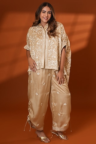Beige Pure Silk Embroidered Co-Ord Set by Ashtar