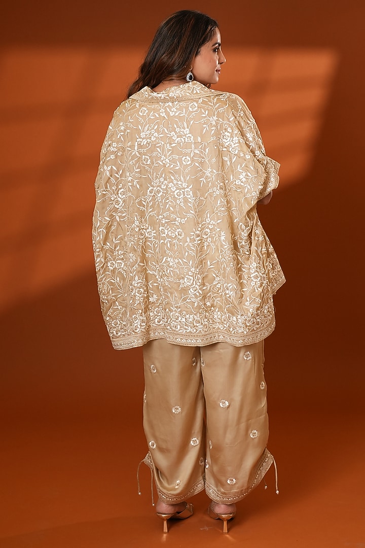 Beige Pure Silk Embroidered Co-Ord Set by Ashtar at Pernia's Pop Up Shop